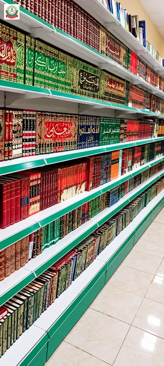 رفوف متتابعة تضم مؤلفات ومراجع متنوعة في المكتبة العامة.